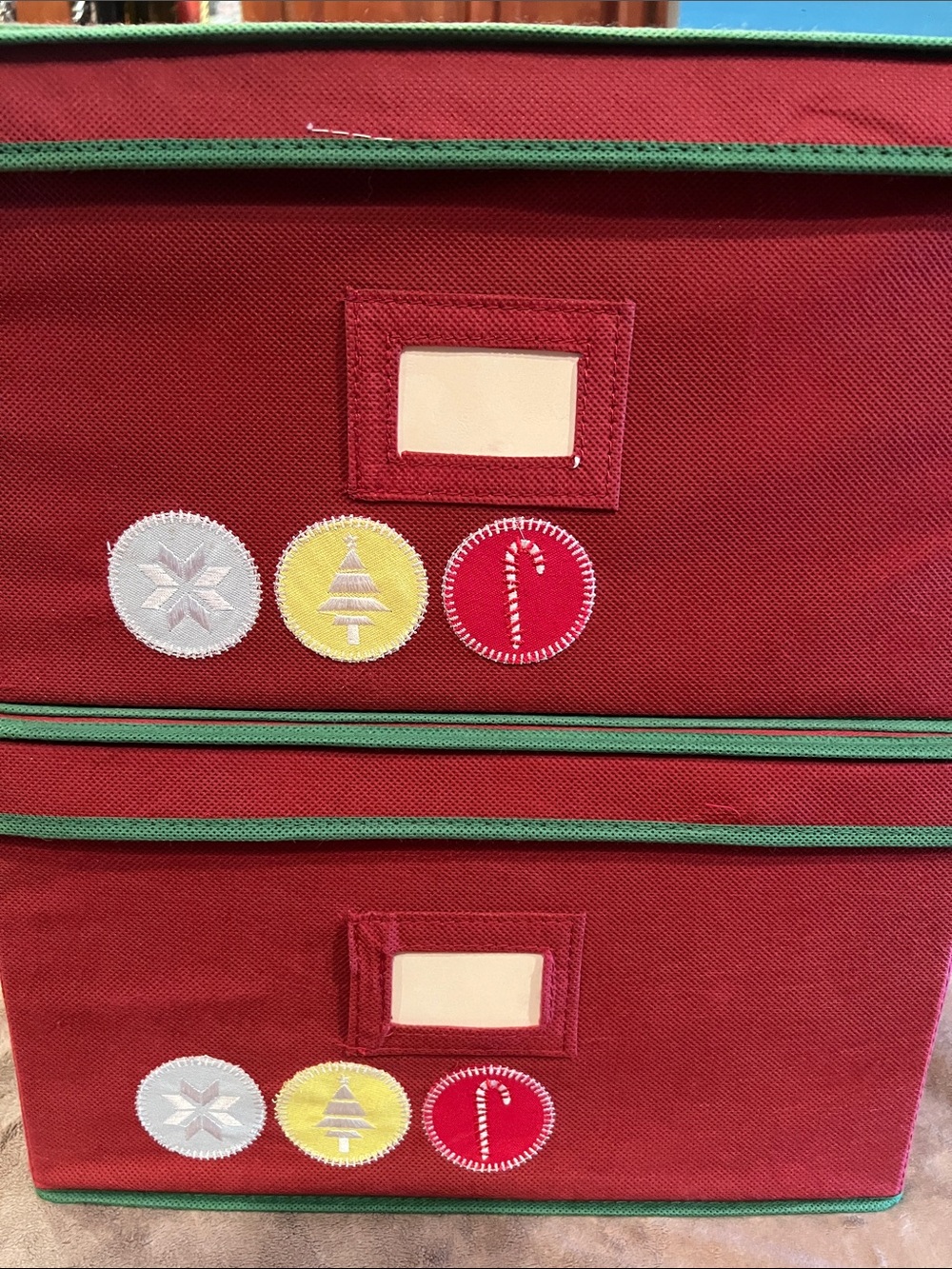Festive Red Holiday Ornament Storage Bin with Green Trim